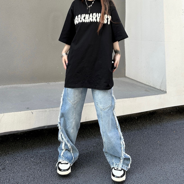 Quần jean dài unisex tua rua, quần jean dài cạp cao phong cách HipHop_R47
