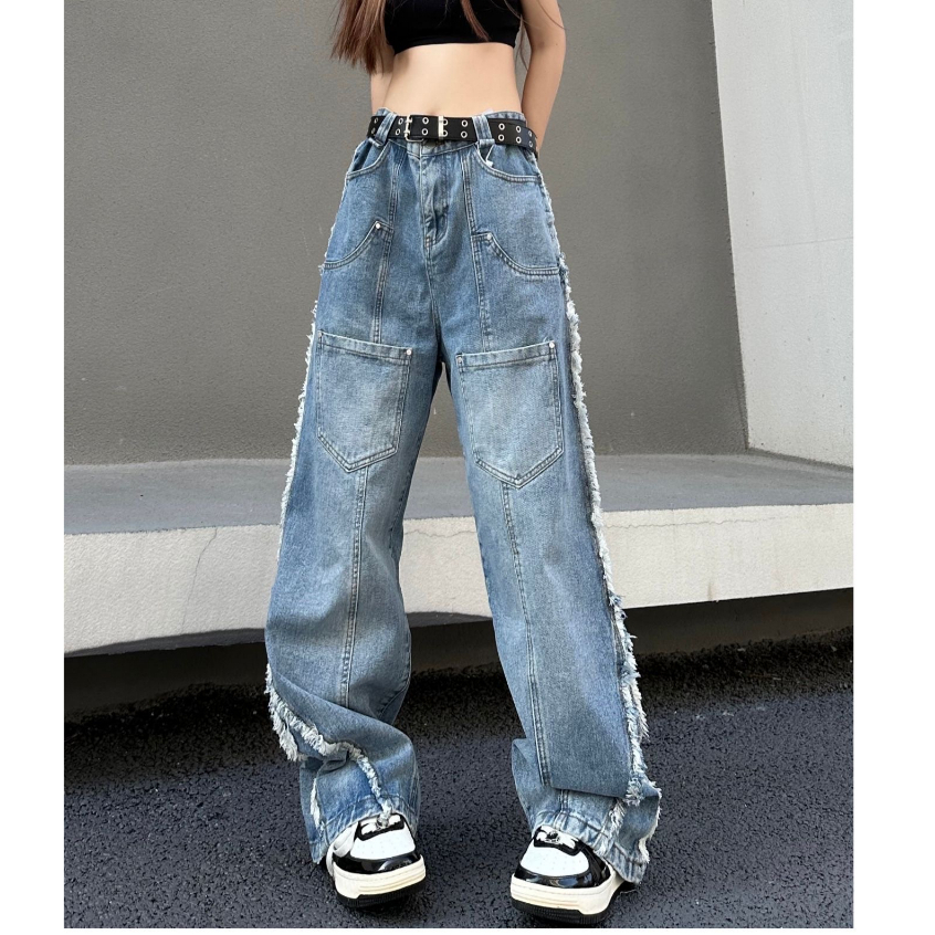 Quần jean dài unisex tua rua, quần jean dài cạp cao phong cách HipHop_R47