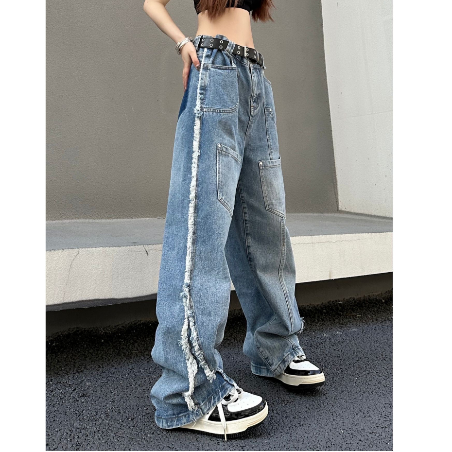 Quần jean dài unisex tua rua, quần jean dài cạp cao phong cách HipHop_R47