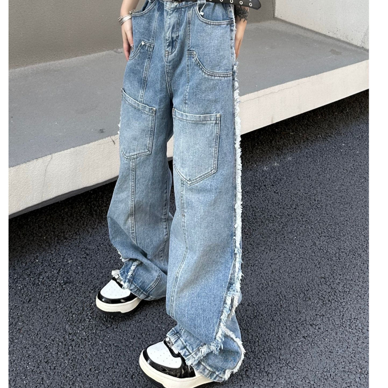 Quần jean dài unisex tua rua, quần jean dài cạp cao phong cách HipHop_R47