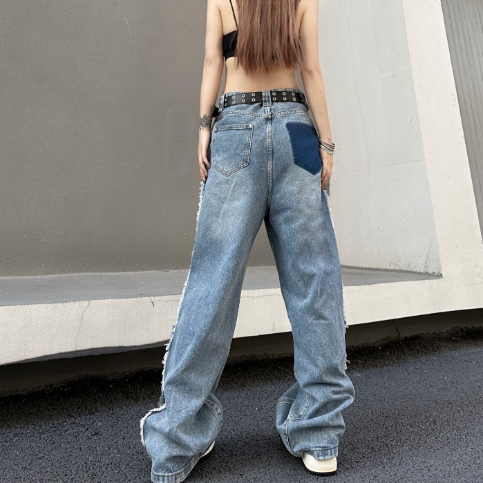 Quần jean dài unisex tua rua, quần jean dài cạp cao phong cách HipHop_R47