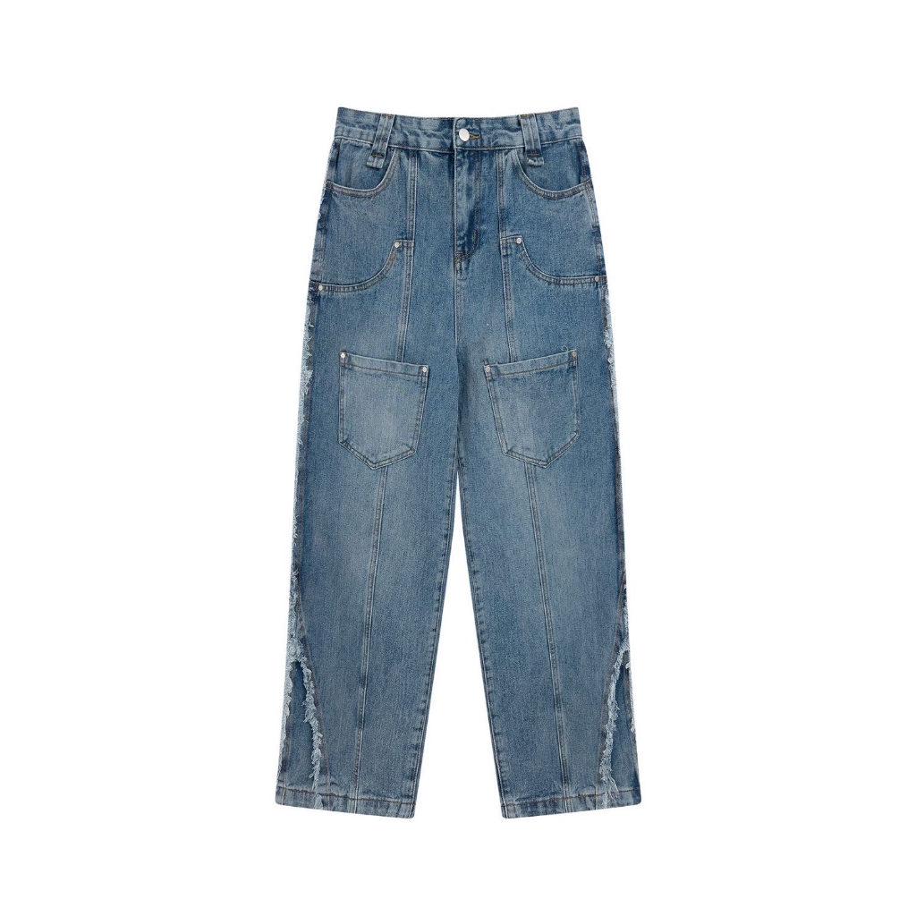 Quần jean dài unisex tua rua, quần jean dài cạp cao phong cách HipHop_R47