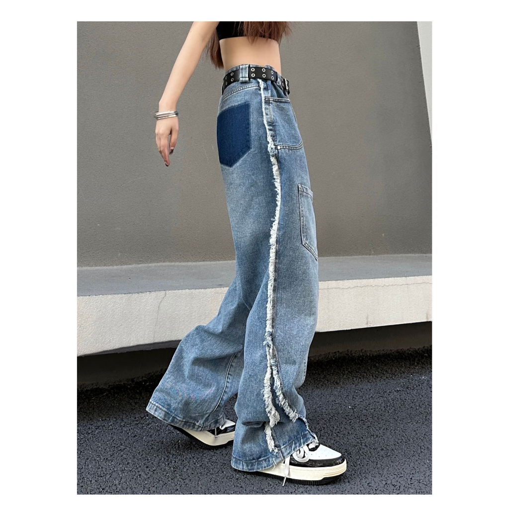 Quần jean dài unisex tua rua, quần jean dài cạp cao phong cách HipHop_R47