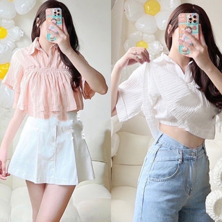 Áo kiểu sơ mi croptop freesize vải xốp nhăn mã AS08