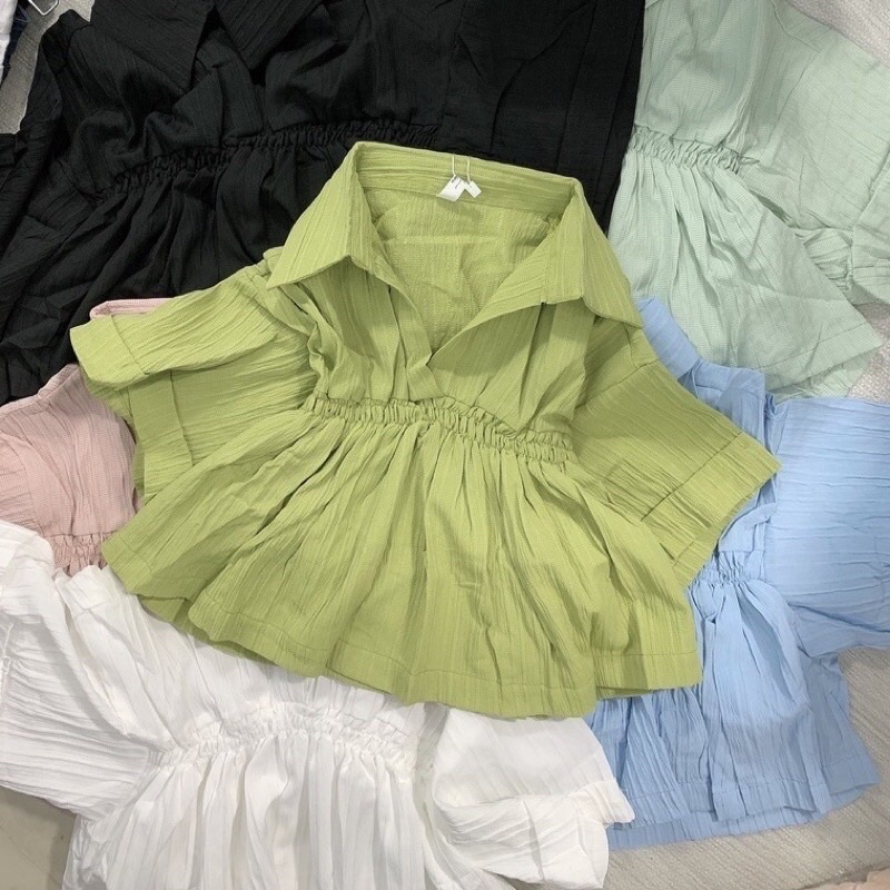 Áo kiểu sơ mi croptop freesize vải xốp nhăn  mã AS08