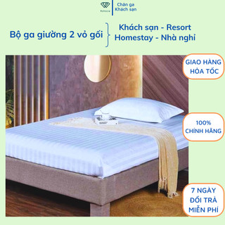Chăn ga khách sạn - bộ ga giường 2 vỏ gối vải cotton T300 trắng sọc 3F cao cấp đủ size ( nệm cao 7cm-27cm )