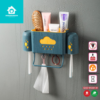 Giá kệ để đồ phòng tắm dán tường đa năng đựng bàn chải kem đánh răng + 2 cốc đánh răng