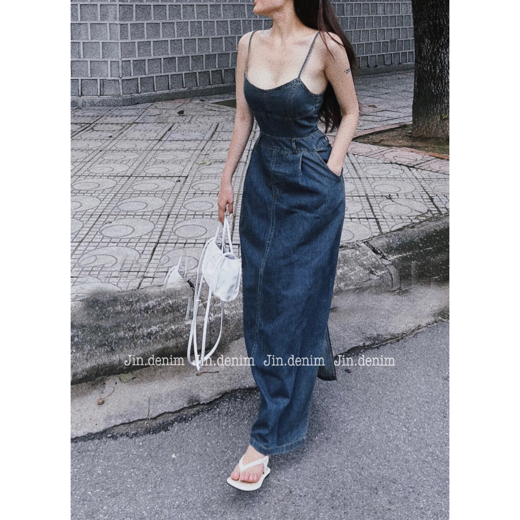 Váy đầm bò 2 dây cúp ngực dáng dài, váy bò 2 dây, váy bò quây thiết kế hàng QCCC chun lưng 037 | BigBuy360 - bigbuy360.vn