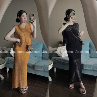Váy đầm len mỏng, đan móc, váy len móc đi biển, đầm đi biển dự tiệc thiết kế vải len 038