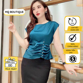 Áo sơ mi nữ lụa tay cộc cổ tròn rúm eo cao cấp công sở , áo sơ mi họa tiết thiết kế MQ Boutique