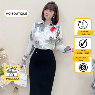 Áo sơ mi nữ lụa dài tay cao cấp công sở họa tiết xe kéo nền trắng, áo sơ mi thiết kế MQ Boutique