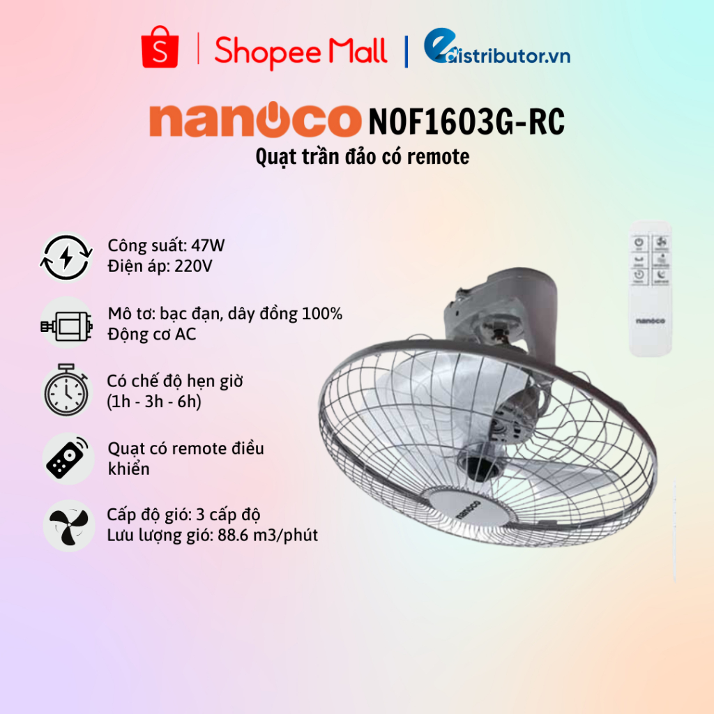 Quạt trần đảo Nanoco NOF1603G-RC có remote điều khiển (47W) - 100% chính hãng