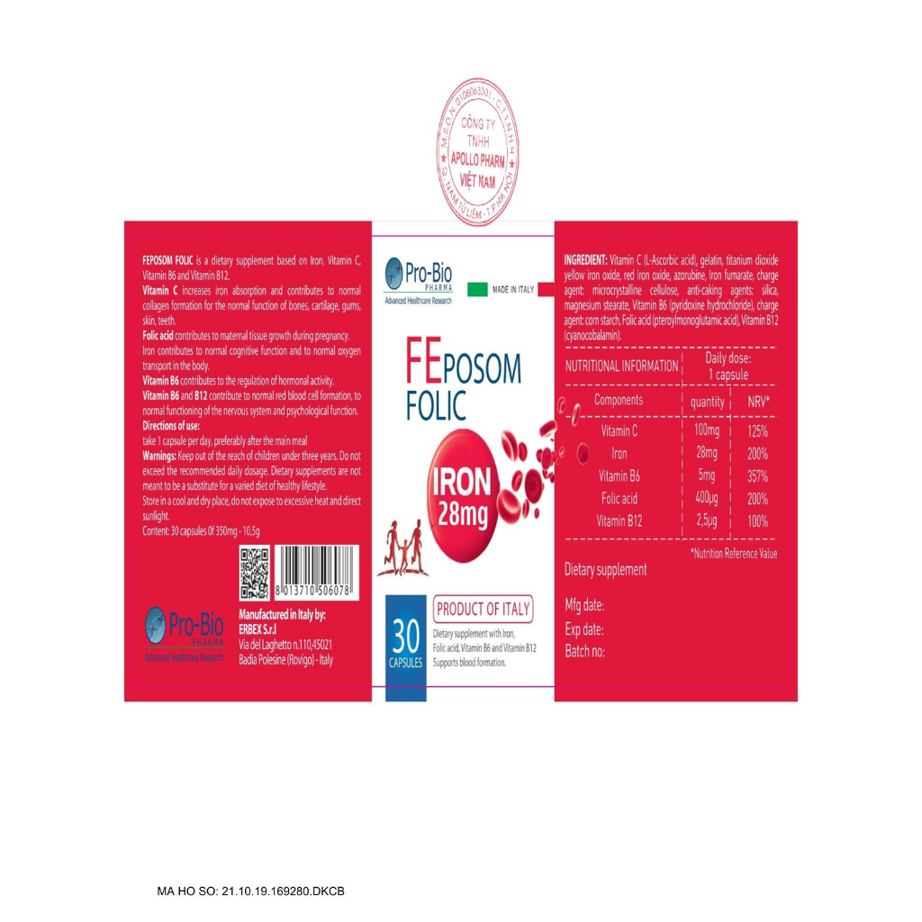 FEPOSOM FOLIC - Viên uống bổ sung sắt hữu cơ của Ý
