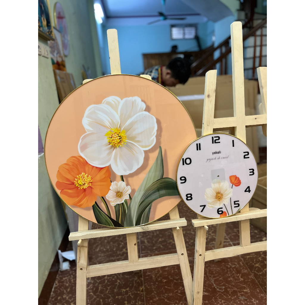 Tranh Đồng Hồ Treo Tường Tráng Gương Phòng Khách Phòng Ngủ Họp CTY Decor Hoa Lá Voi Vintage Xem Giờ Qùa Tân Gia