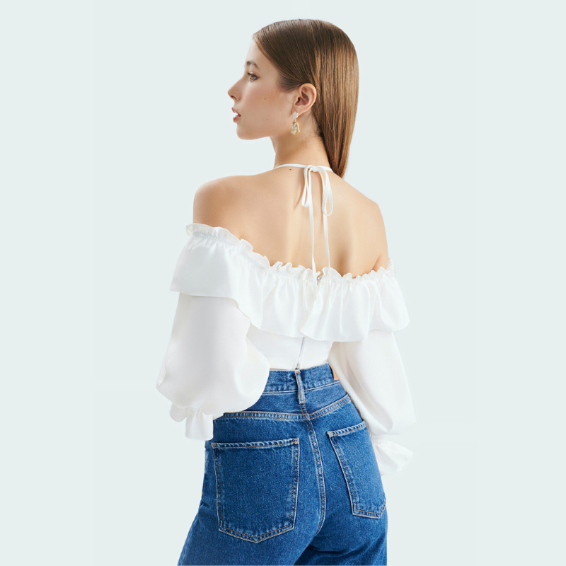 Áo crop MARC FASHION bẹt vai phối bèo smocking tay - FANH050323