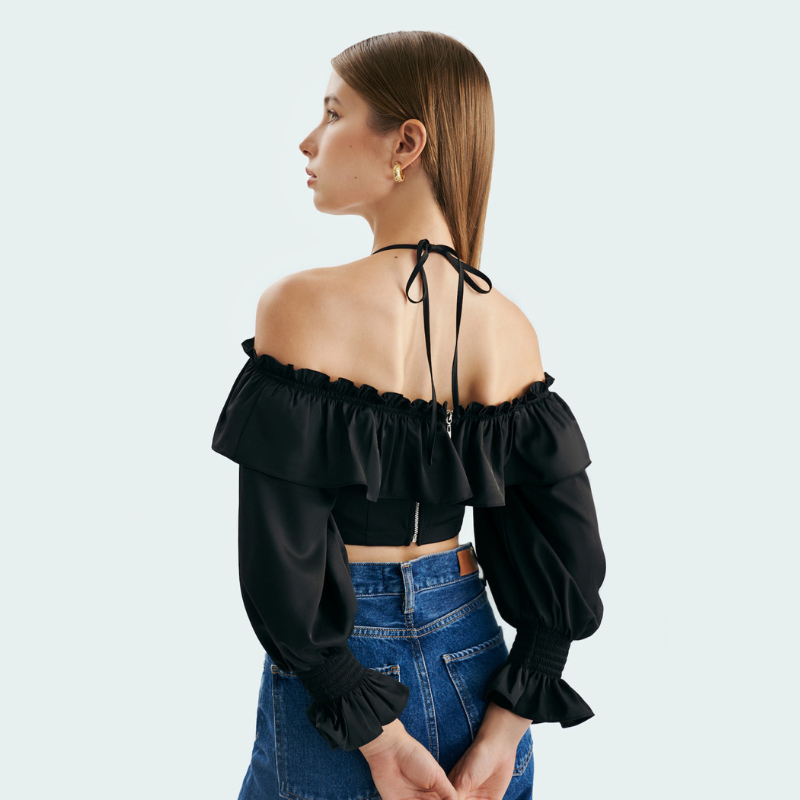 Áo crop MARC FASHION bẹt vai phối bèo smocking tay - FANH050323