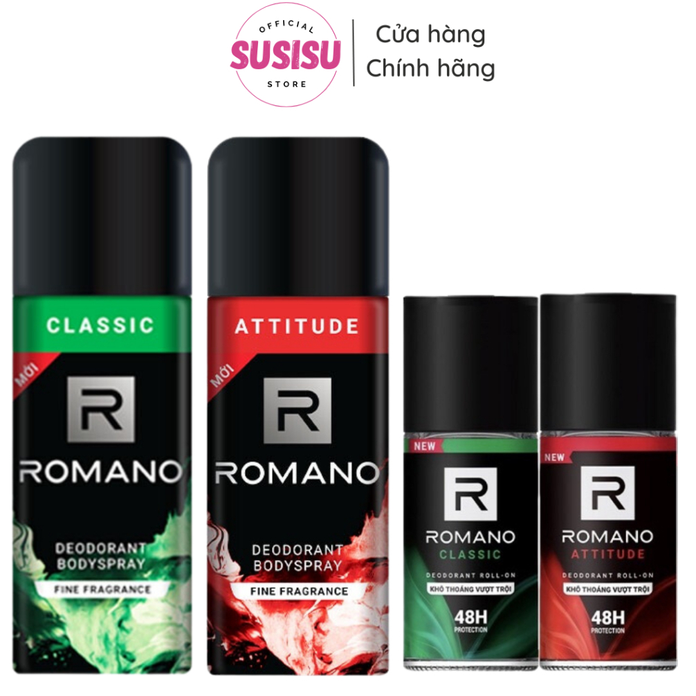 Xịt khử mùi nước hoa nam Romano Deodorant Bodyspray 150ml/Lăn nách nam ROMANO Attitude / Classic Deodorant Roll-on 50ml