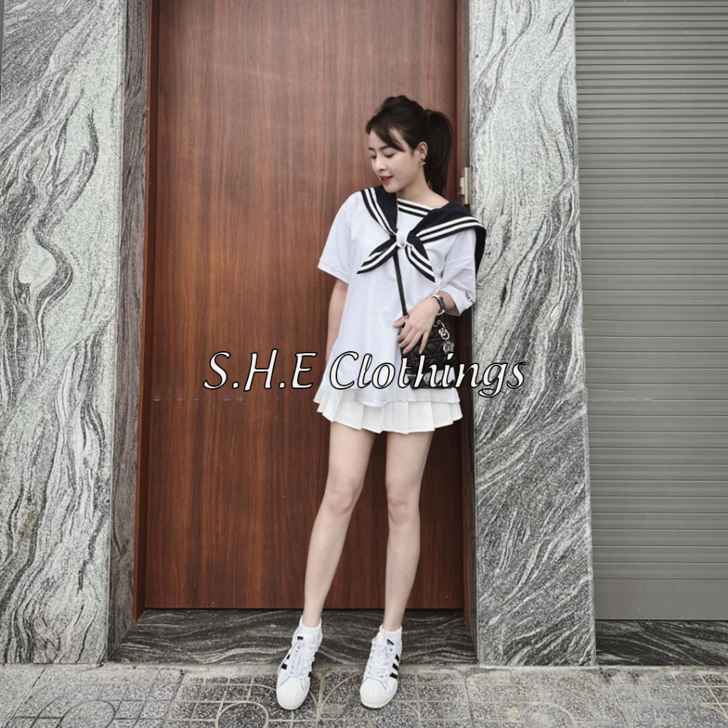 Set Bộ Nữ Áo Phông Thụng Thủy Thủ Kèm Gấu To Mix Chân Váy Kaki Trắng Có Lót Trong Freesize S164