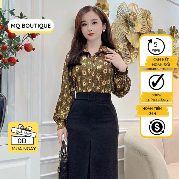 Áo sơ mi nữ lụa dài tay cao cấp công sở họa tiết chữ cao cấp, áo sơ mi họa tiết thiết kế MQ Boutique