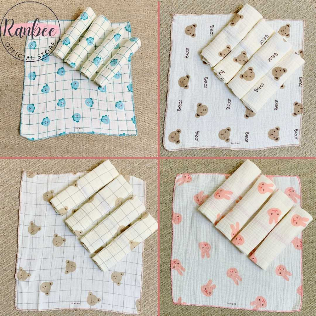 Khăn Sữa Cho Bé Ranbee - Set 5 Khăn Mặt Cho Bé Sơ Sinh Chất Xô Muslin Siêu Mềm - PN031/CB008