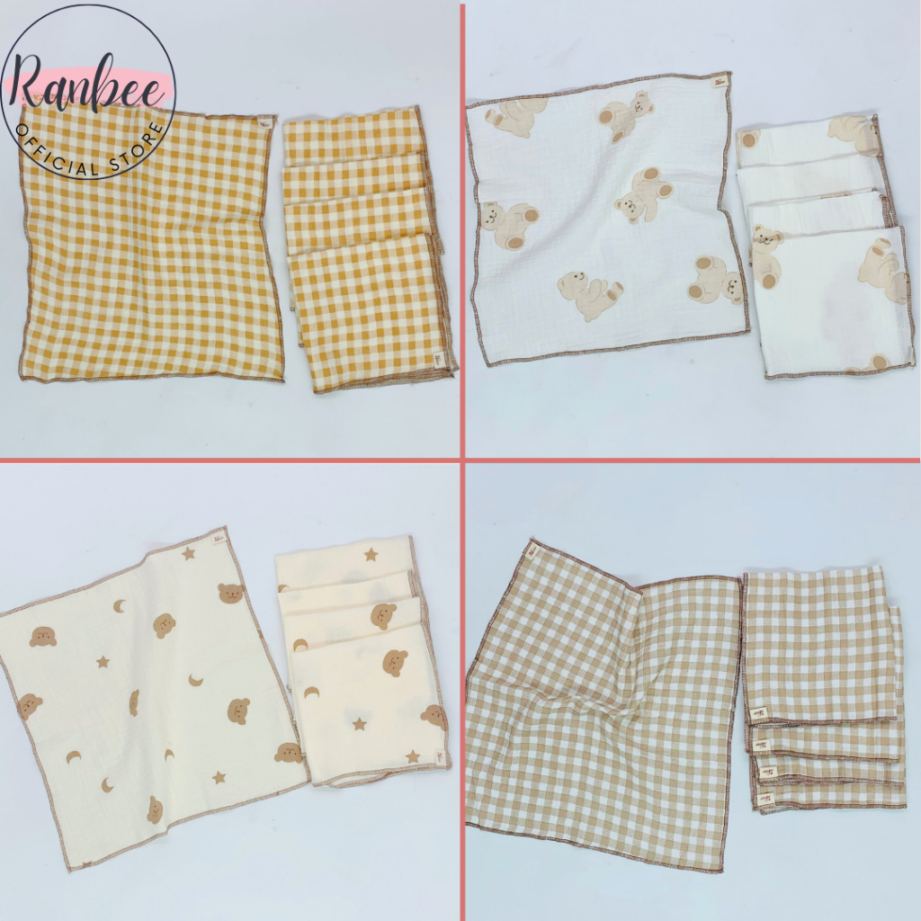 Khăn Sữa Cho Bé Ranbee - Set 5 Khăn Mặt Cho Bé Sơ Sinh Chất Xô Muslin Siêu Mềm - PN031/CB008