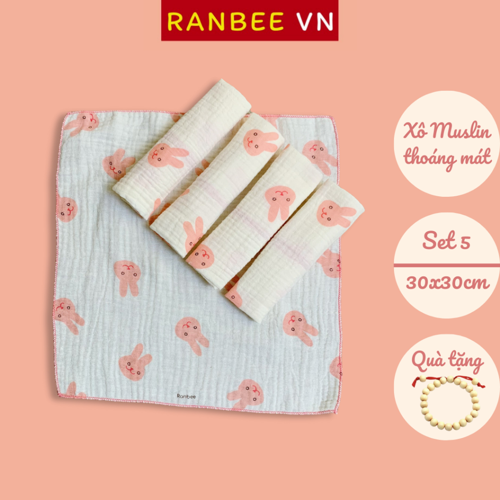 Khăn Sữa Cho Bé Ranbee - Set 5 Khăn Mặt Cho Bé Sơ Sinh Chất Xô Muslin Siêu Mềm - PN031/CB008