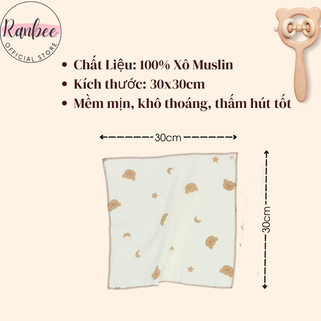 Khăn Sữa Cho Bé Ranbee - Set 5 Khăn Mặt Cho Bé Sơ Sinh Chất Xô Muslin Siêu Mềm - PN031/CB008