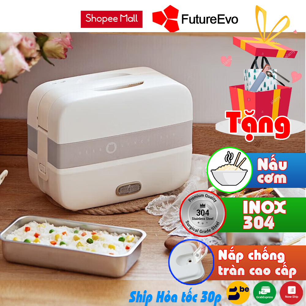 Hộp cơm cắm điện FutureEvo-Bear 2 tầng 3 khay inox nấu cơm nấu thức ăn và hâm nóng Tặng túi xách đũa thìa