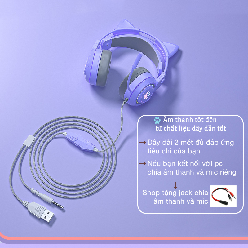 Tai nghe có dây tai nghe chụp tai có mic gaming tai mèo dễ thương headphone có dây tương thích mọi nền tảng PC Laptop ĐT