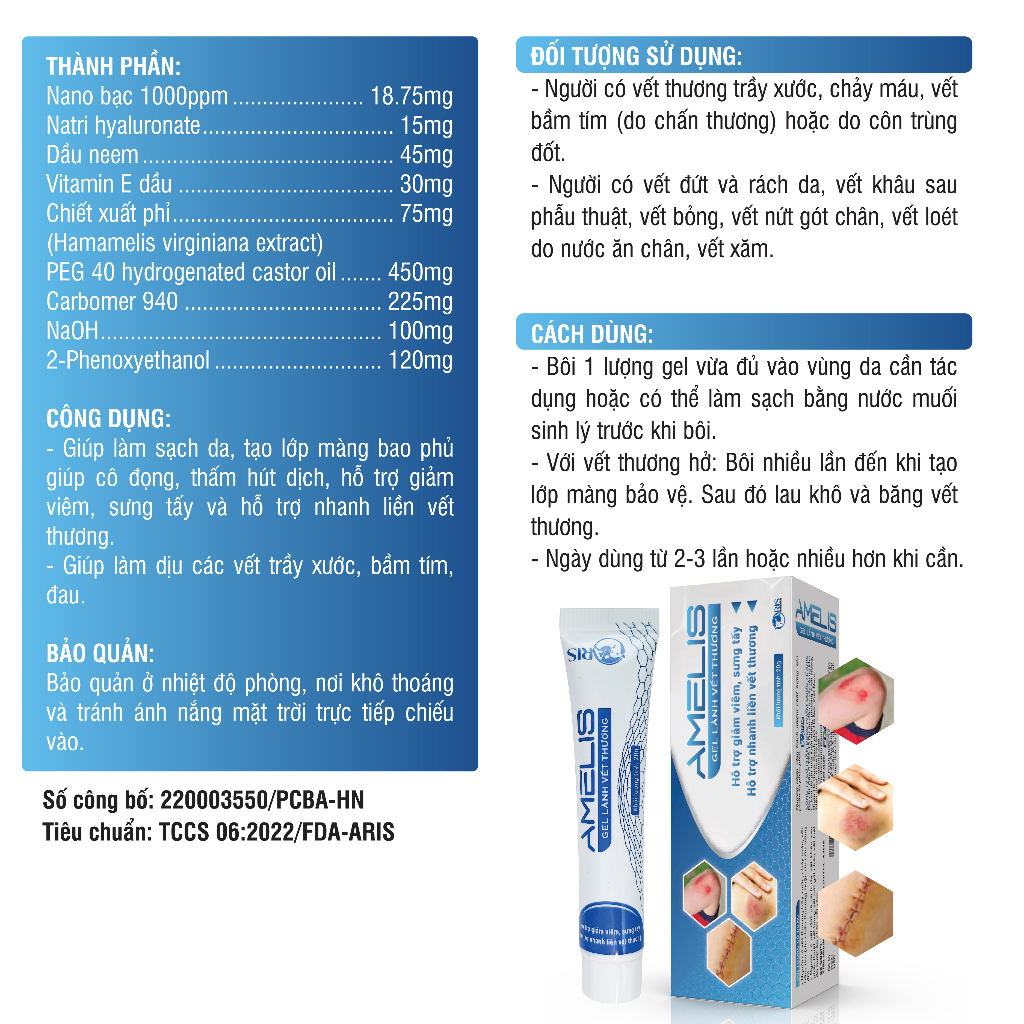 Gel Lành Vết Thương AMELIS - Hỗ Trợ Giảm Viêm, Sưng Tấy, Nhanh Liền Vết Thương
