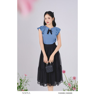 Áo kiểu nữ tay bèo phối nơ cổ chất tằm nhăn Yoona - YH2S089