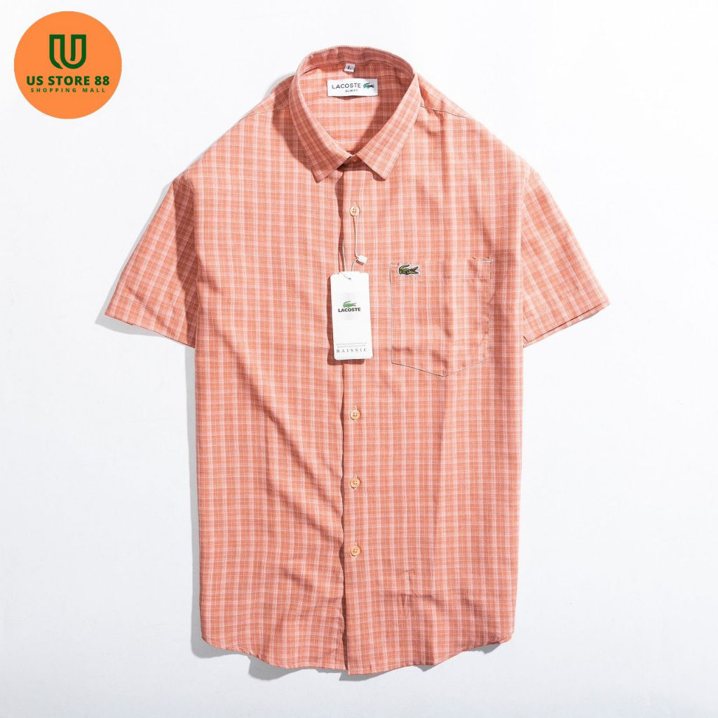 Áo sơ mi nam LC cộc tay cam kẻ caro có túi, vải oxford cao cấp, ít nhăn, phong cách trẻ trung, năng động