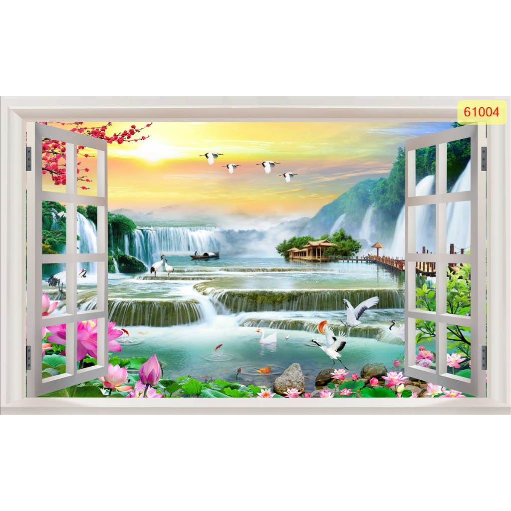 Tranh 3D decal cửa sổ view phong cảnh thác nước dán tường mở rộng không gian (Keo sẵn bóc dán)