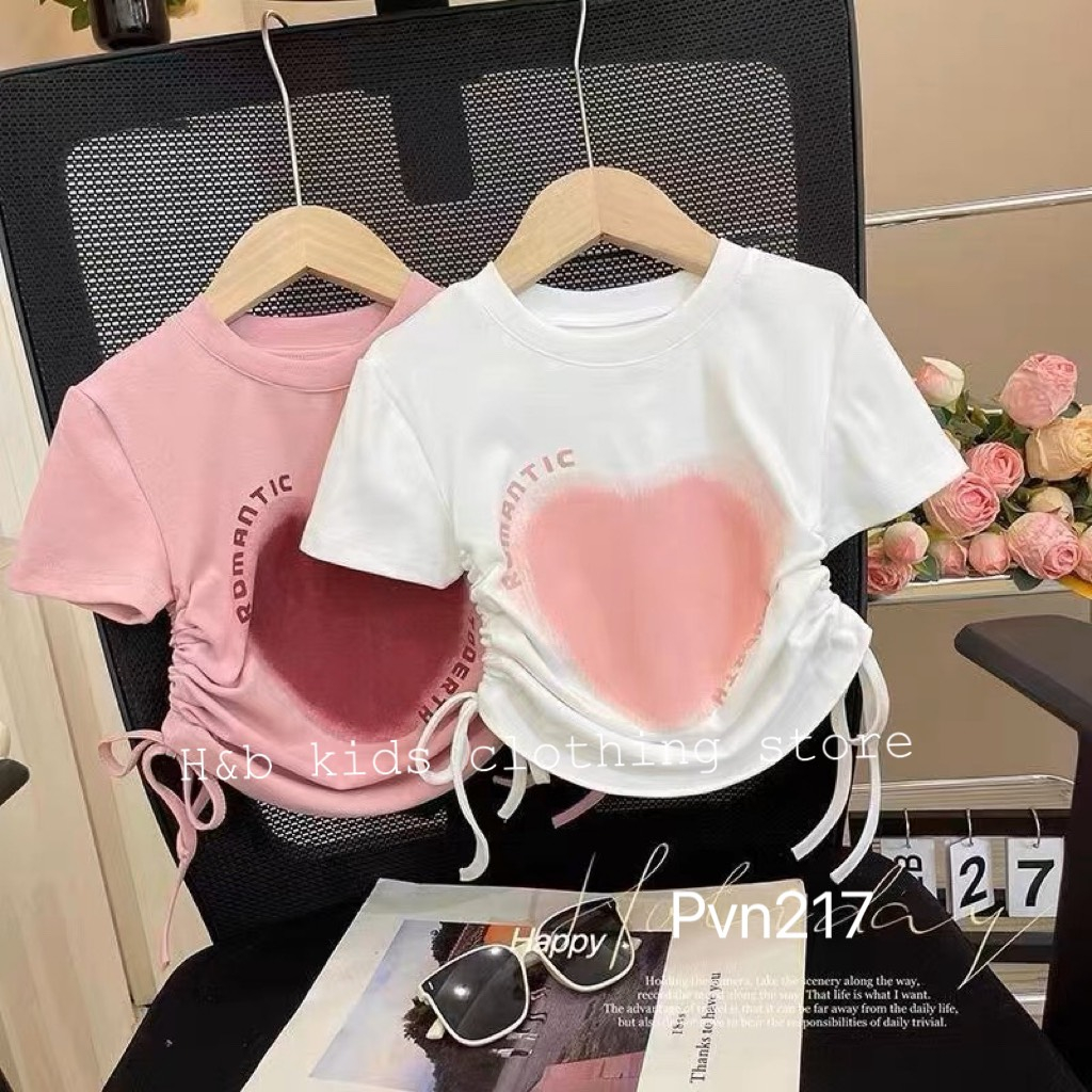 Áo cho bé gái , Áo rút eo họa tiết tim sành điệu cho bé gái 10-30kg