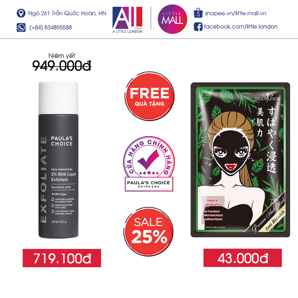 Tinh chất tẩy tế bào chết Paula's Choice skin perfecting 2% BHA liquid exfoliant TẶNG mặt nạ Sexylook