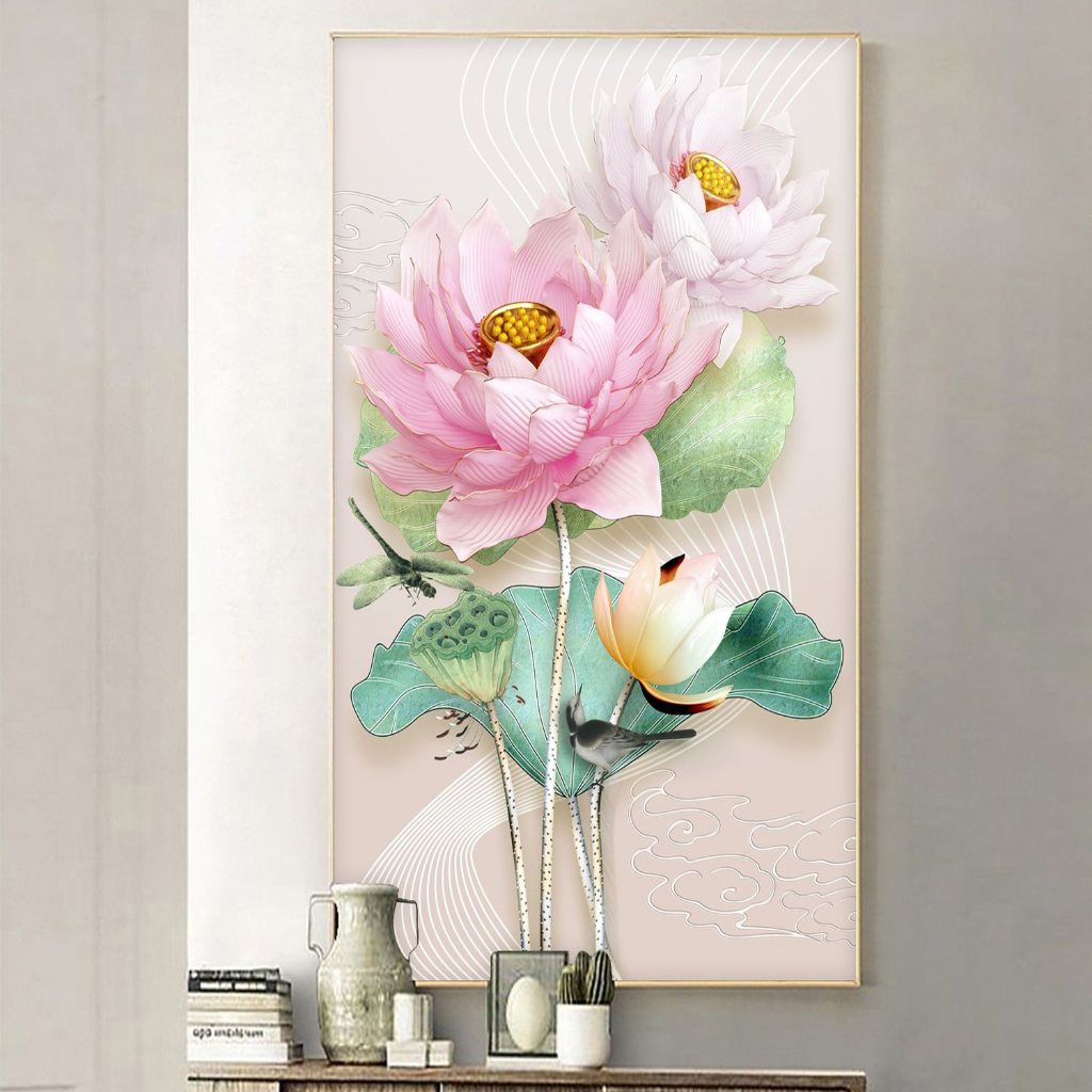 Tranh treo tường trang trí Spa, Studio... Tranh hoa sen nghệ thuật trang trí nội thất in vải lụa cao cấp