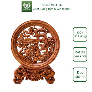 Đĩa gỗ Tứ Linh Đồ Gỗ Gia Linh gỗ Hương đá liền khối kèm chân đế