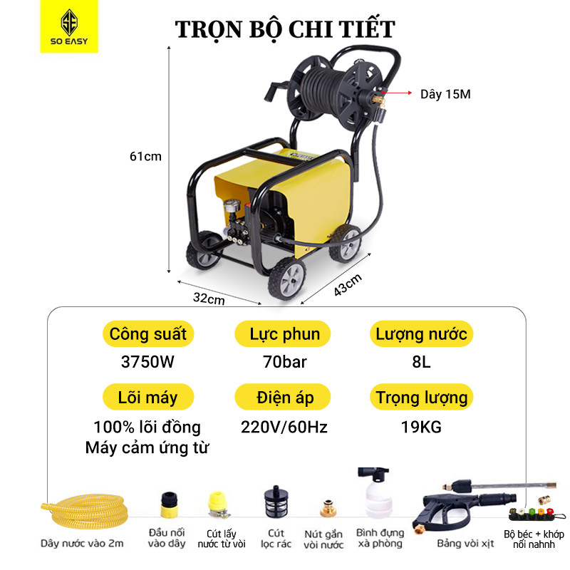 Máy rửa xe lõi đồng cảm ứng từ áp lực cao gia đình có rulo quấn dây, chỉnh áp, SOEASY 3750W SE011Y ,may rua xe áp lực ca