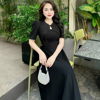 Đầm váy nữ dự tiệc dạo phố cổ vuông cách điệu ngực đỏ đen nâu thanh lịch