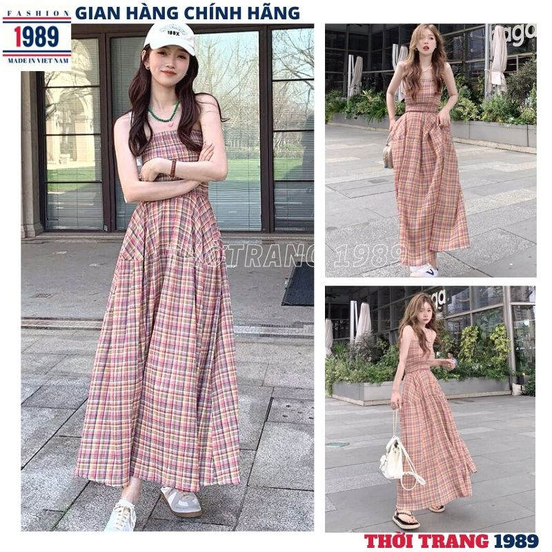 Váy maxi 2 dây kẻ đỏ đi biển cực xinh -đầm đi biển dễ thương đáng yêu trẻ chung năng động -THỜI TRANG 1989