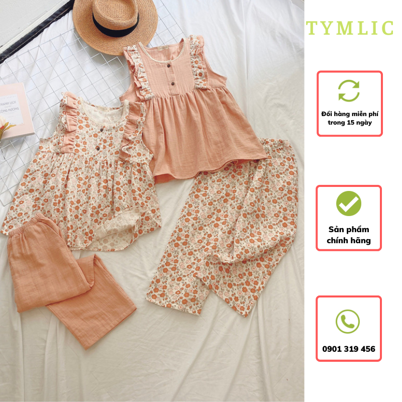 (BỘ 215K) Bộ Muslin Áo Babydoll Sát Nách Kết Hợp Quần Lửng TYMLIC