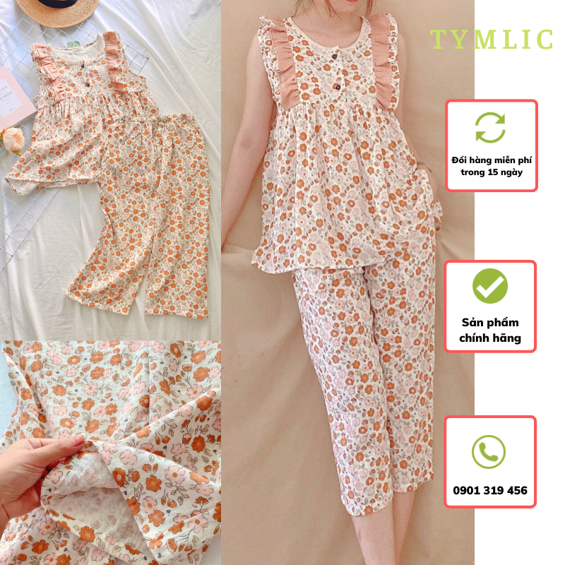 (BỘ 215K) Bộ Muslin Áo Babydoll Sát Nách Kết Hợp Quần Lửng Màu Hoa Nhí TYMLIC