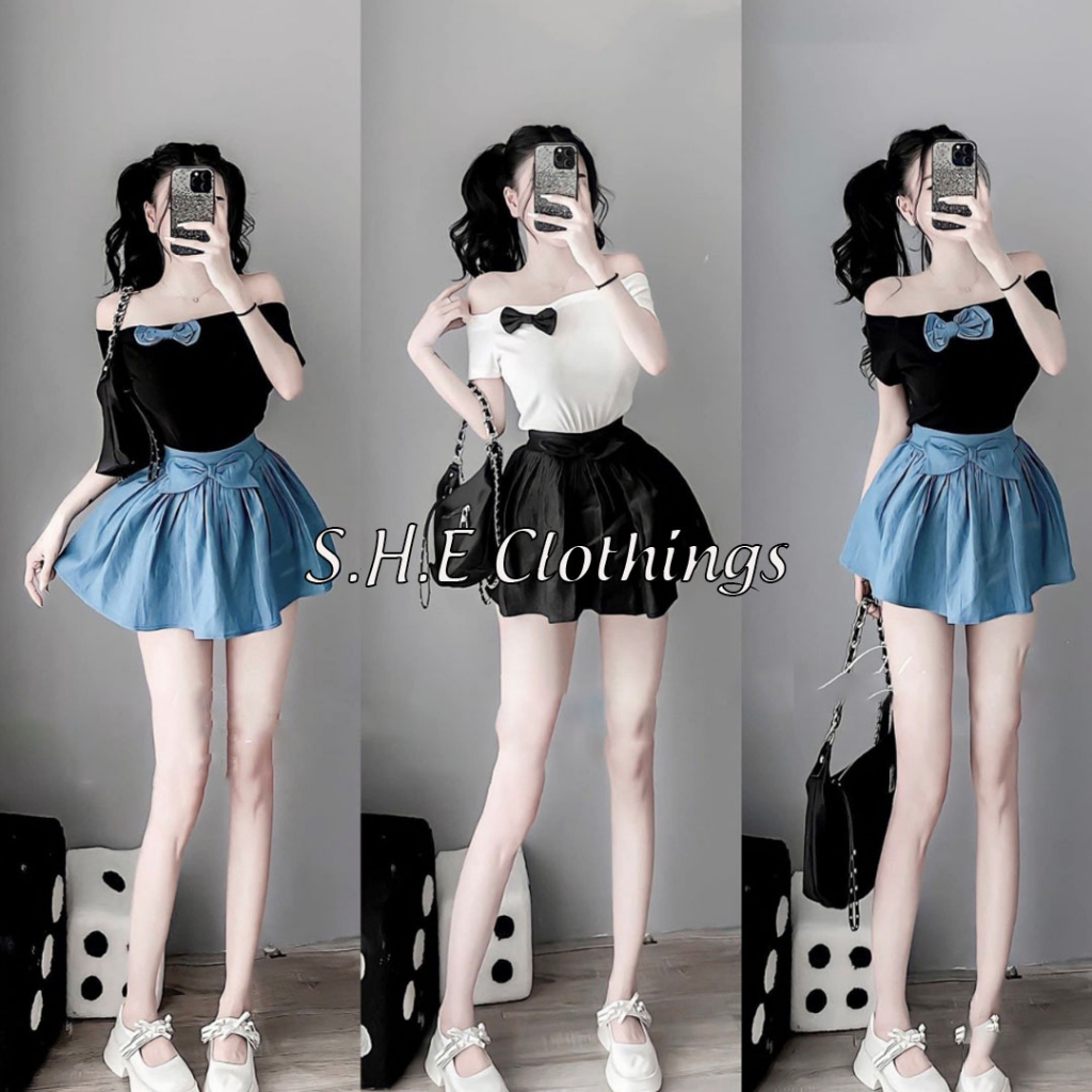 Set Bộ Đồ Nữ Áo Thun Trễ Vai Nơ Ngực Ôm Body Mix Chân Váy Xòe Rộng Đính Nơ Nổi Có Lót Trong Freesize S174