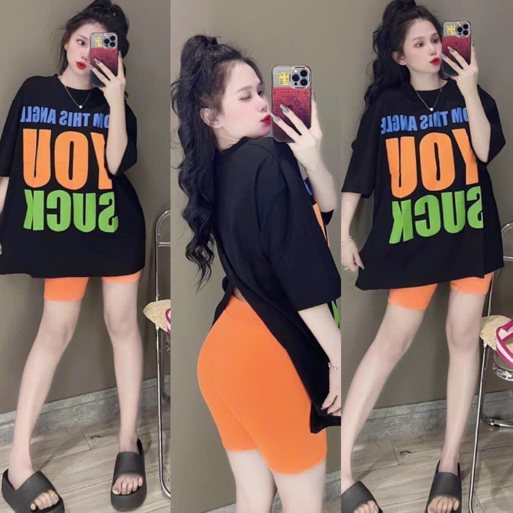 [7,7 Sales Freeship] Set bộ thun nữ lửng ngố, set áo thun from rộng in chữ xẻ tà sau lưng mix quần ôm lửng trẻ trung mtb