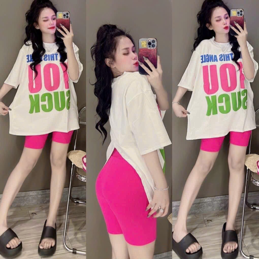 [7,7 Sales Freeship] Set bộ thun nữ lửng ngố, set áo thun from rộng in chữ xẻ tà sau lưng mix quần ôm lửng trẻ trung mtb