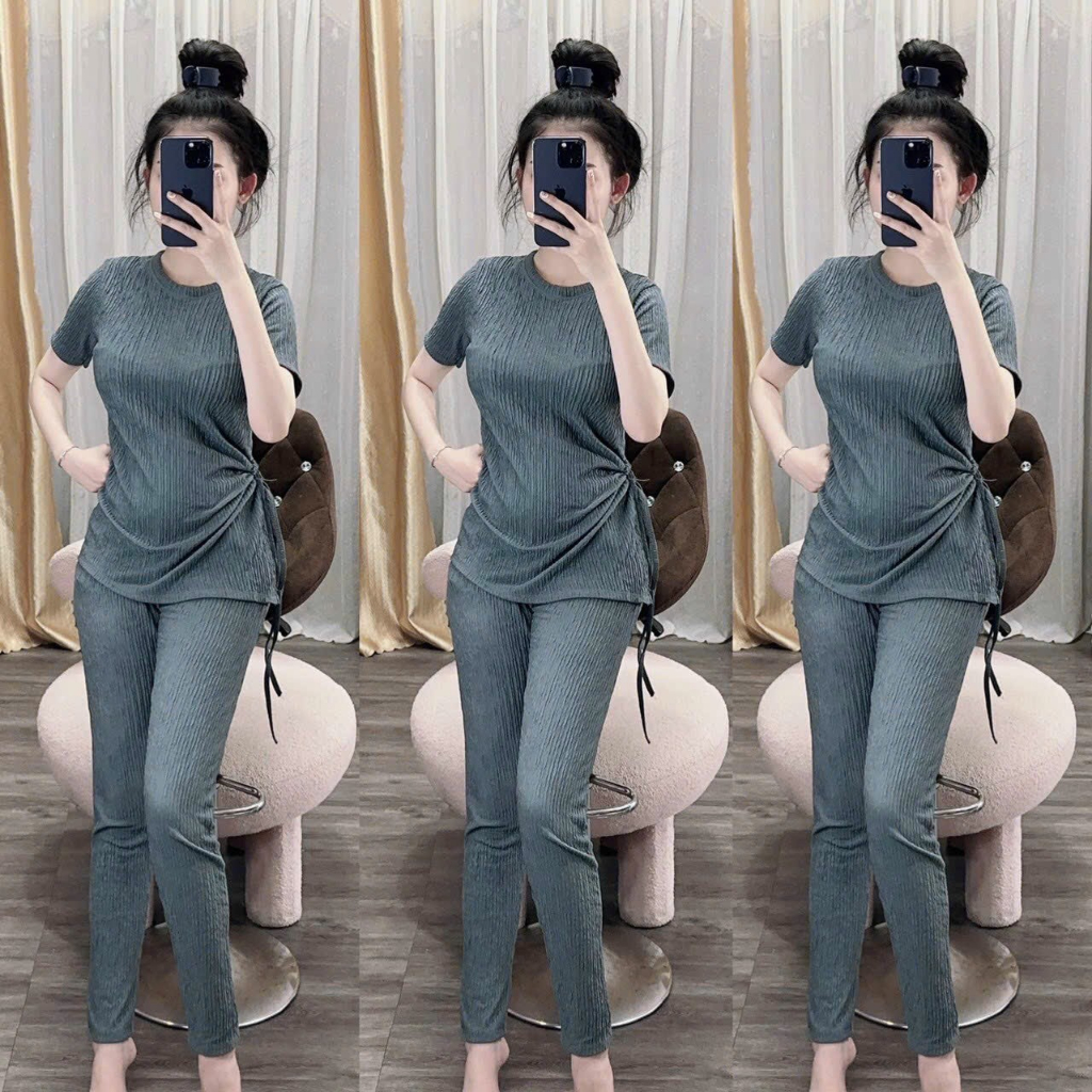 Set bộ thun xốp thái áo cổ tròn tay ngắn rút dây eo bên hông mix quần ôm dài màu trơn trẻ trung mtb