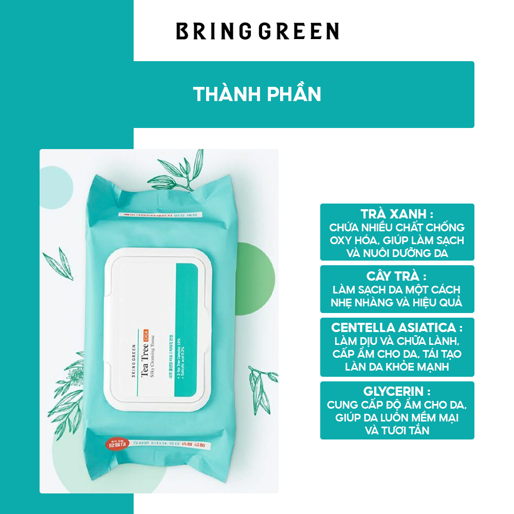 Khăn Giấy Tẩy Trang BRING GREEN TEA TREE CICA SILKY CLEANSING TISSUE 80 Miếng