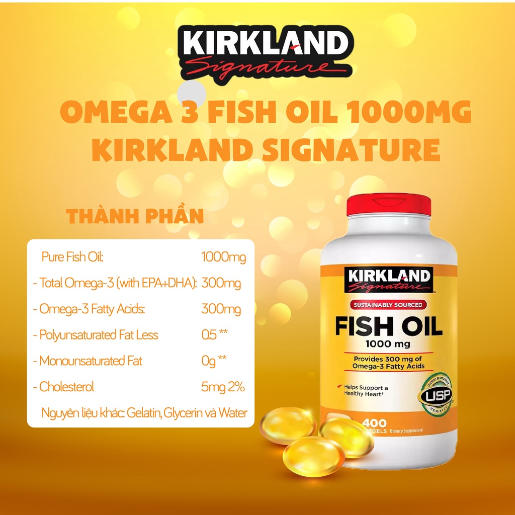 Viên uống dầu cá Kirkland Hỗ trợ tim mạch Fish Oil Mỹ 1000mg 400 Viên V00201