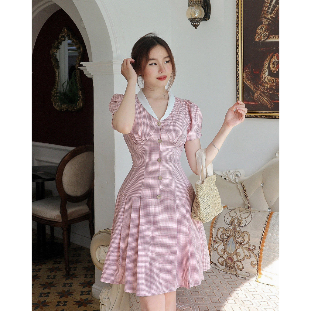 Đầm caro hồng xinh dáng xòe cổ v tay phồng thanh lịch thiết kế cao cấp công sở đi làm đi chơi Lux W Fashion