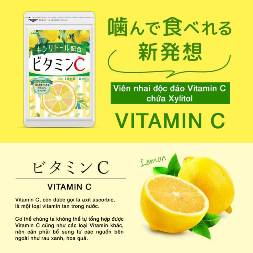 Viên uống Seedcoms bổ sung Vitamin C với Xylitol sáng da mờ thâm hỗ trợ tăng cường đề kháng miễn dịch 30 ngày - Konni39